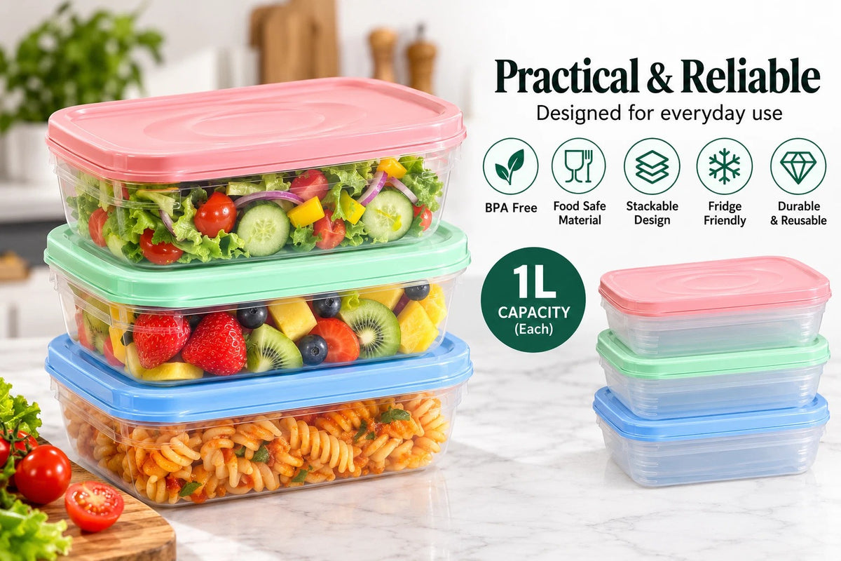 4 x 1 Litre Plastic Food Storage Containers With Lids Reusable Micorwave Freezer