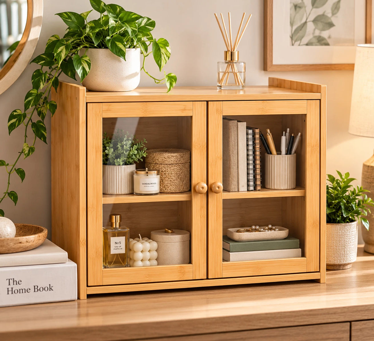 Bamboo Bread Bin Box Kitchen Countertop Storage Cabinet 2 Tier Compact