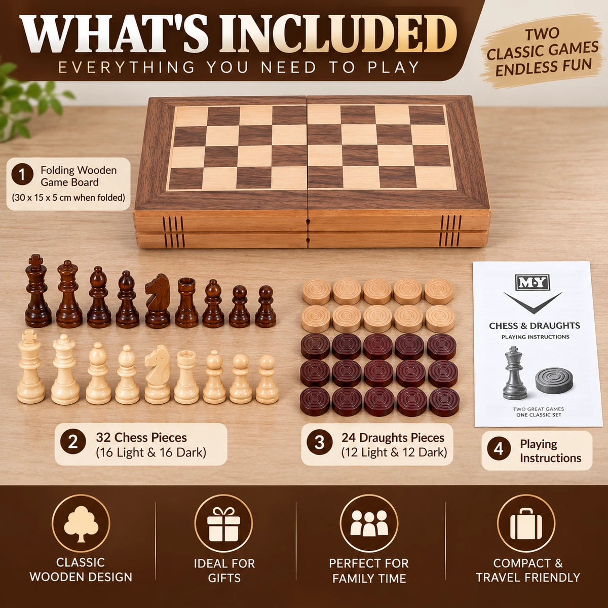 2 in 1 Folding Wooden Chess And Draughts Board Games Set Travel Portable Gift
