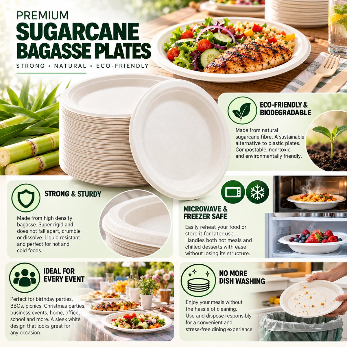 Bagasse Plates 9" 10" Sugarcane Disposable Paper Plate Catering Supplies Party