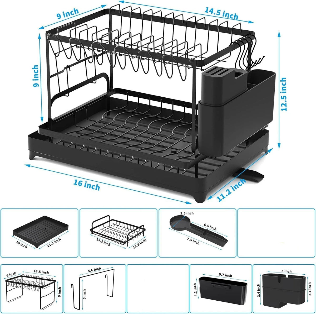 2 Tier Dish Drainer Rack Stainless Steel Drip Tray Space Saving Cutlery Holder