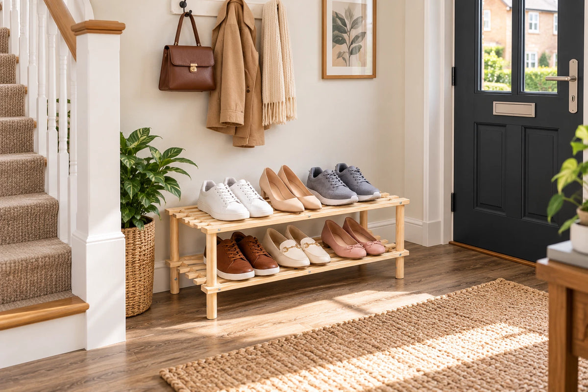 2 Tier Bamboo Shoe Rack Plant Rack Bathroom Storage Organiser Unit Shelf Hallway