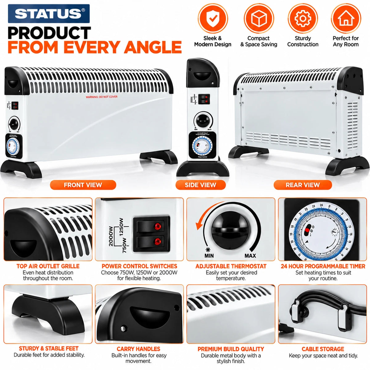 2000W Electric Convector Heater with 3 Heat Settings Timer & Thermostat 2kw