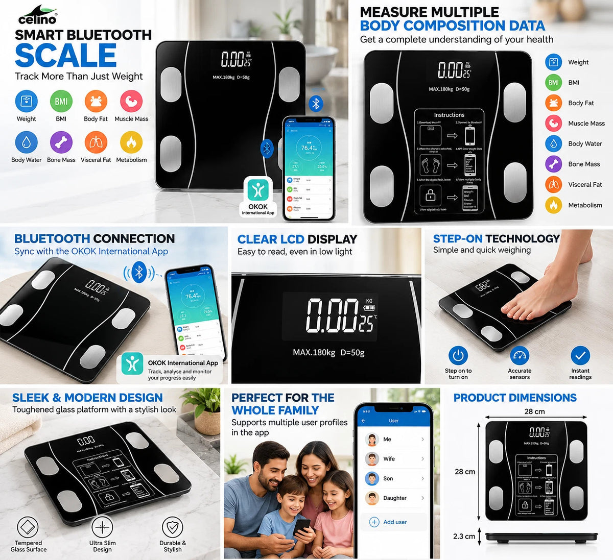 Celino Smart Bathroom Scales Bluetooth Body Fat BMI Digital Weighing Scale 180kg
