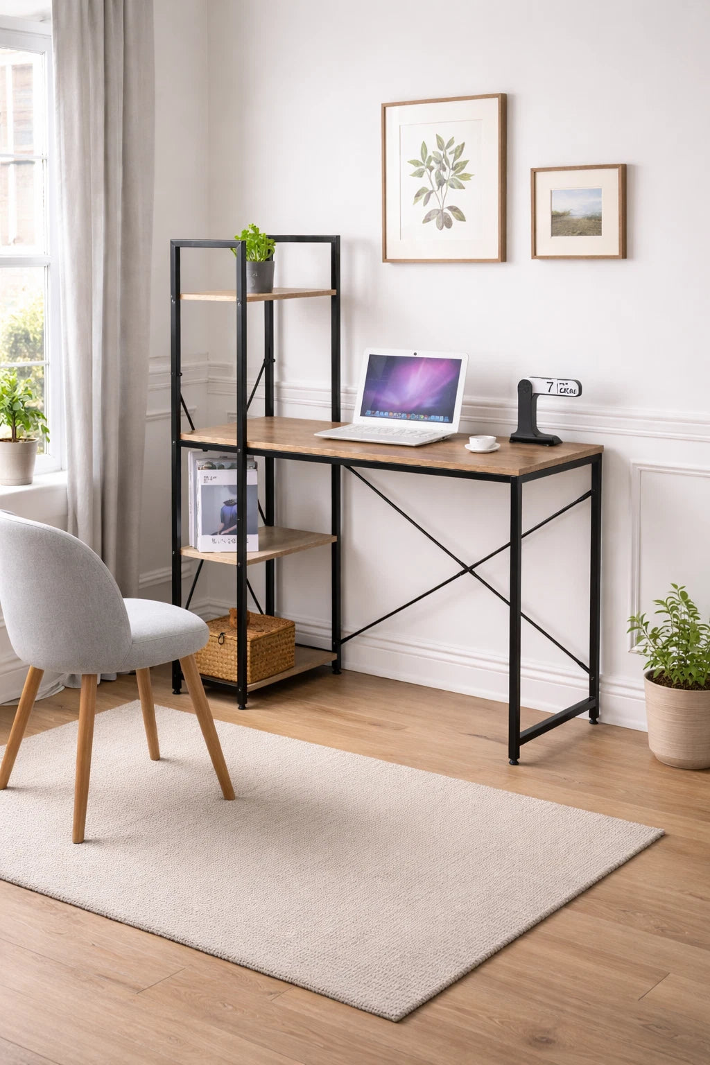 Computer Desk with 4-Tier Storage Shelves – Home Office Study Writing Workstation with Bookshelf Design