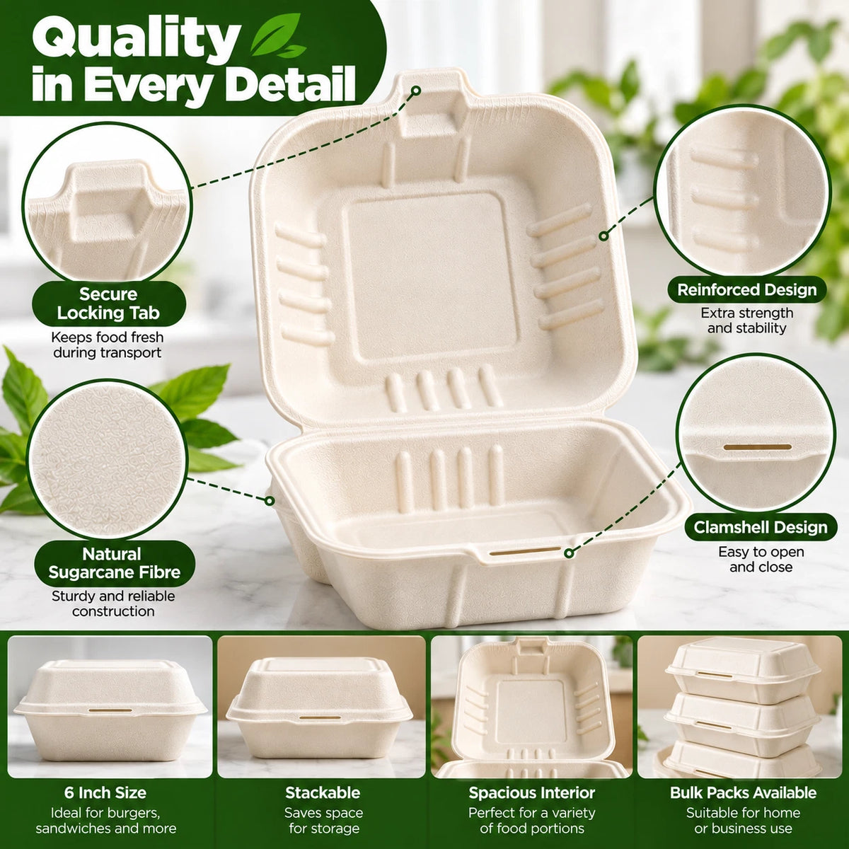 Bagasse Burger Box Food Containers Clamshell Takeaway Boxes 100% Compostable