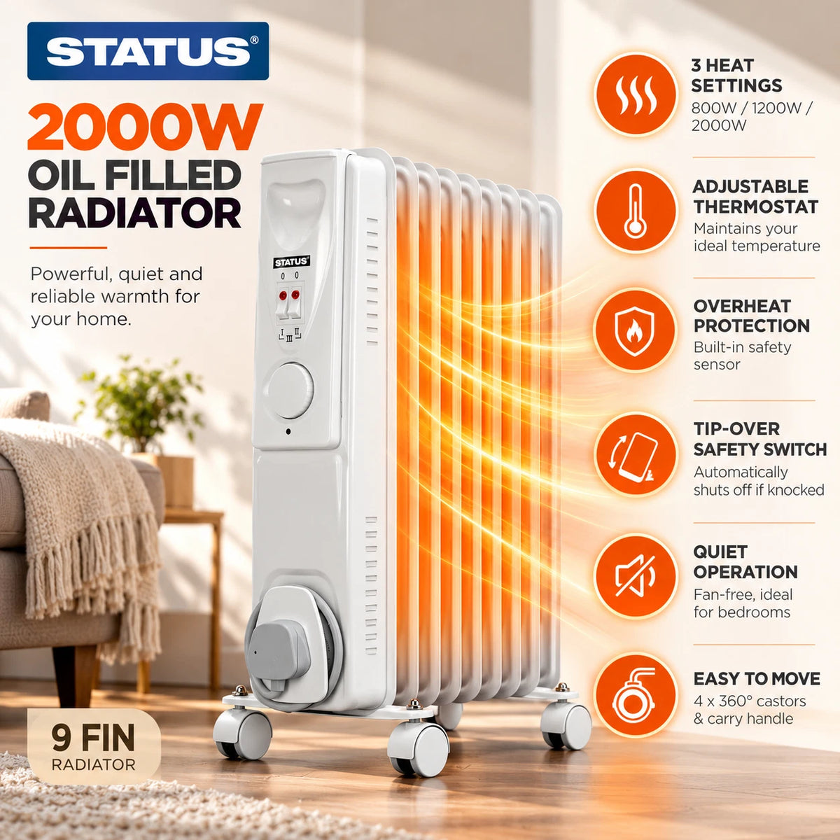 9 Fin Portable Oil Filled Radiator Electric Heater Thermostat 2000W Home Office