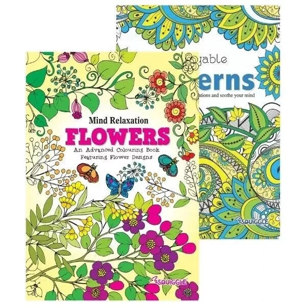 2pk A4 Adult Colouring Books Anti-Stress Colour Therapy Book Flower & Patterns