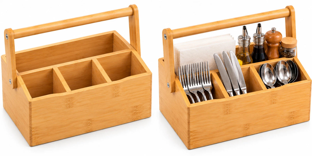 Bamboo Utensil Cutlery & Condiments Holder Kitchen Storage 4 Compartments Handle