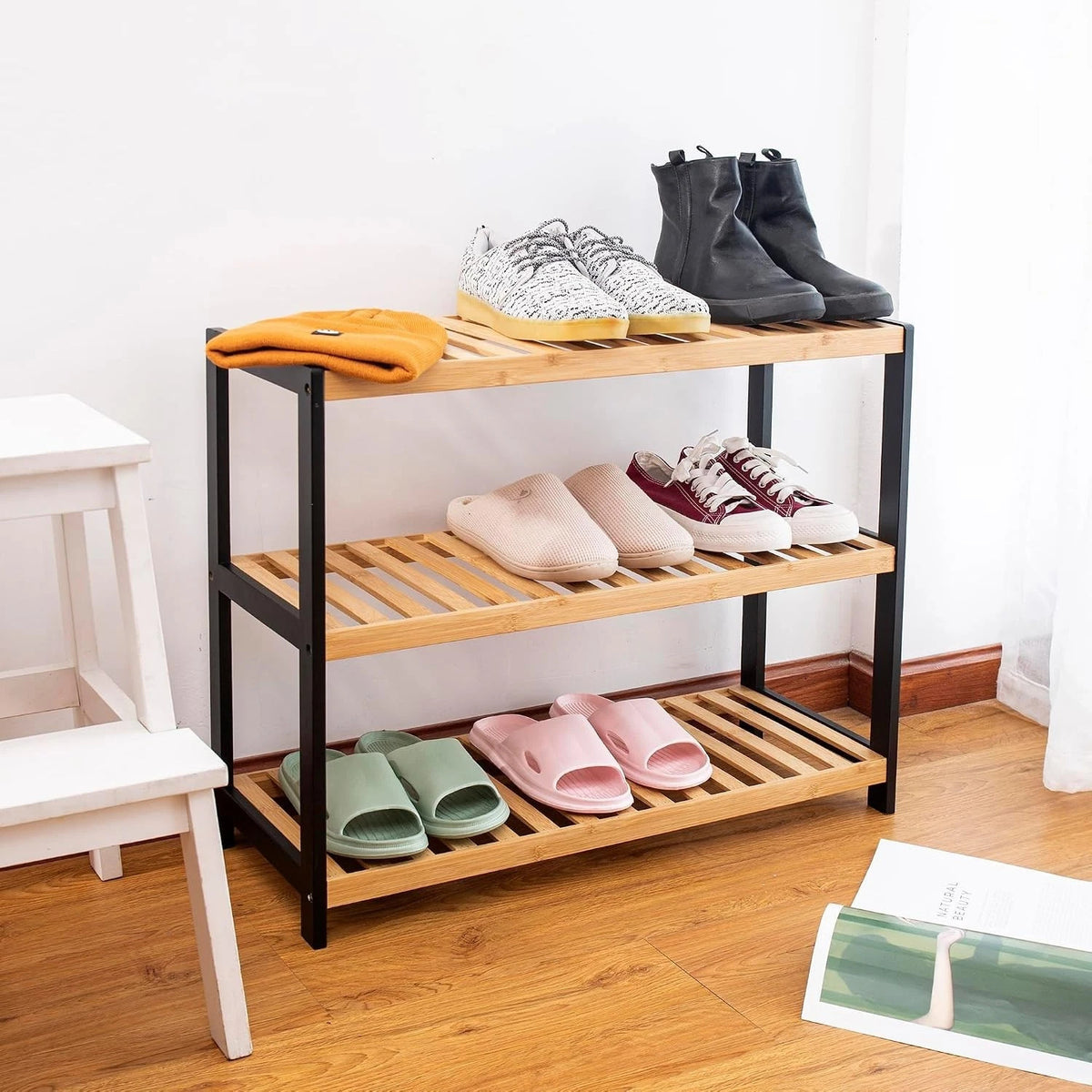 Bamboo Shoe Rack Organiser 3 Tier Wooden Storage Stand Shelf Holds 9 Pairs UK