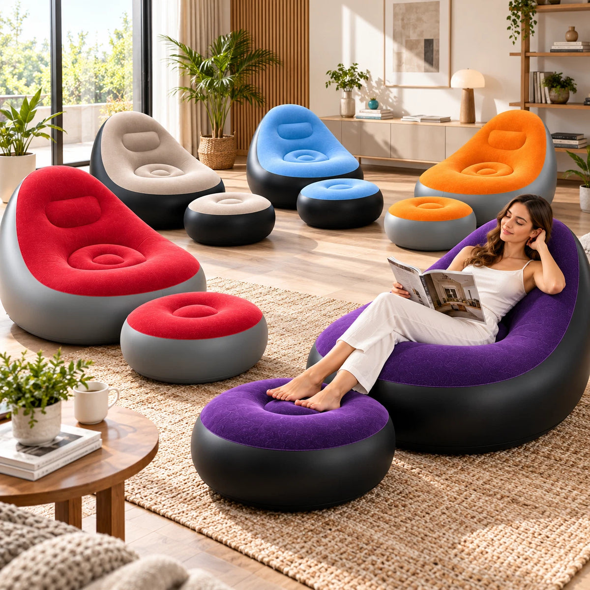 Inflatable Lounger Ottoman Couch With Foot Stool Air Blow Up Sofa Chair Camping
