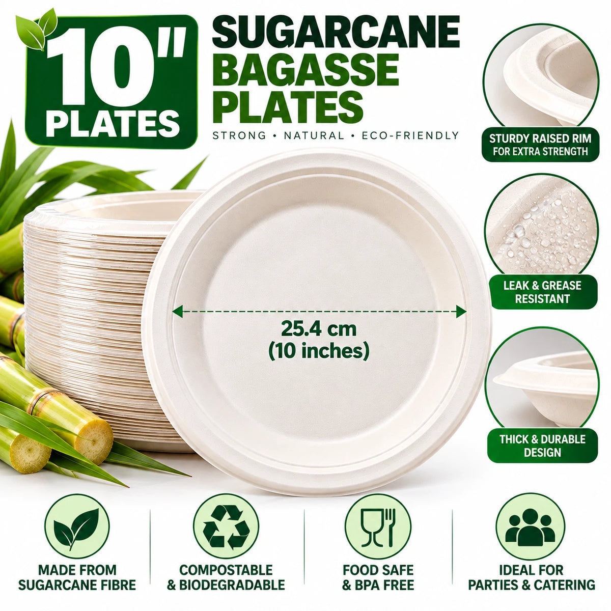 Bagasse Plates 9" 10" Sugarcane Disposable Paper Plate Catering Supplies Party
