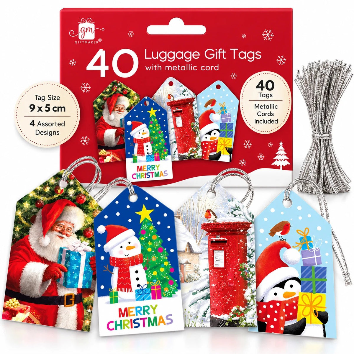 40 x Christmas Luggage Gift Tags with Silver Metallic Cord Santa 4 Designs
