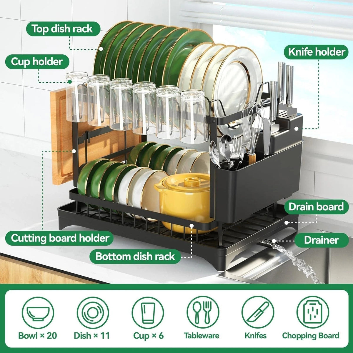 2 Tier Dish Drainer Rack Stainless Steel Drip Tray Space Saving Cutlery Holder
