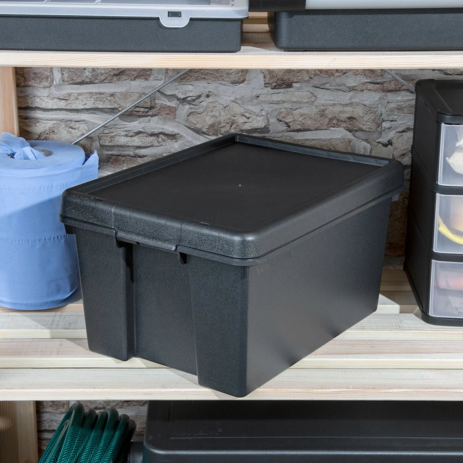 Heavy Duty Plastic Storage Box with Lid Stackable Storage Bin Container Black