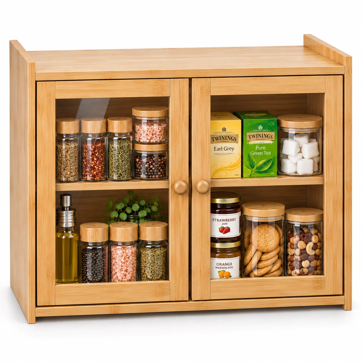 Bamboo Bread Bin Box Kitchen Countertop Storage Cabinet 2 Tier Compact