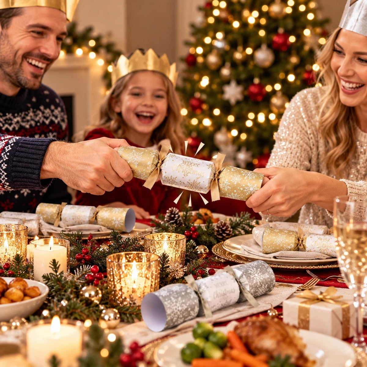 6 x Christmas Crackers Silver & Gold Snowflake 6 inch Dinner Table Xmas Gifts