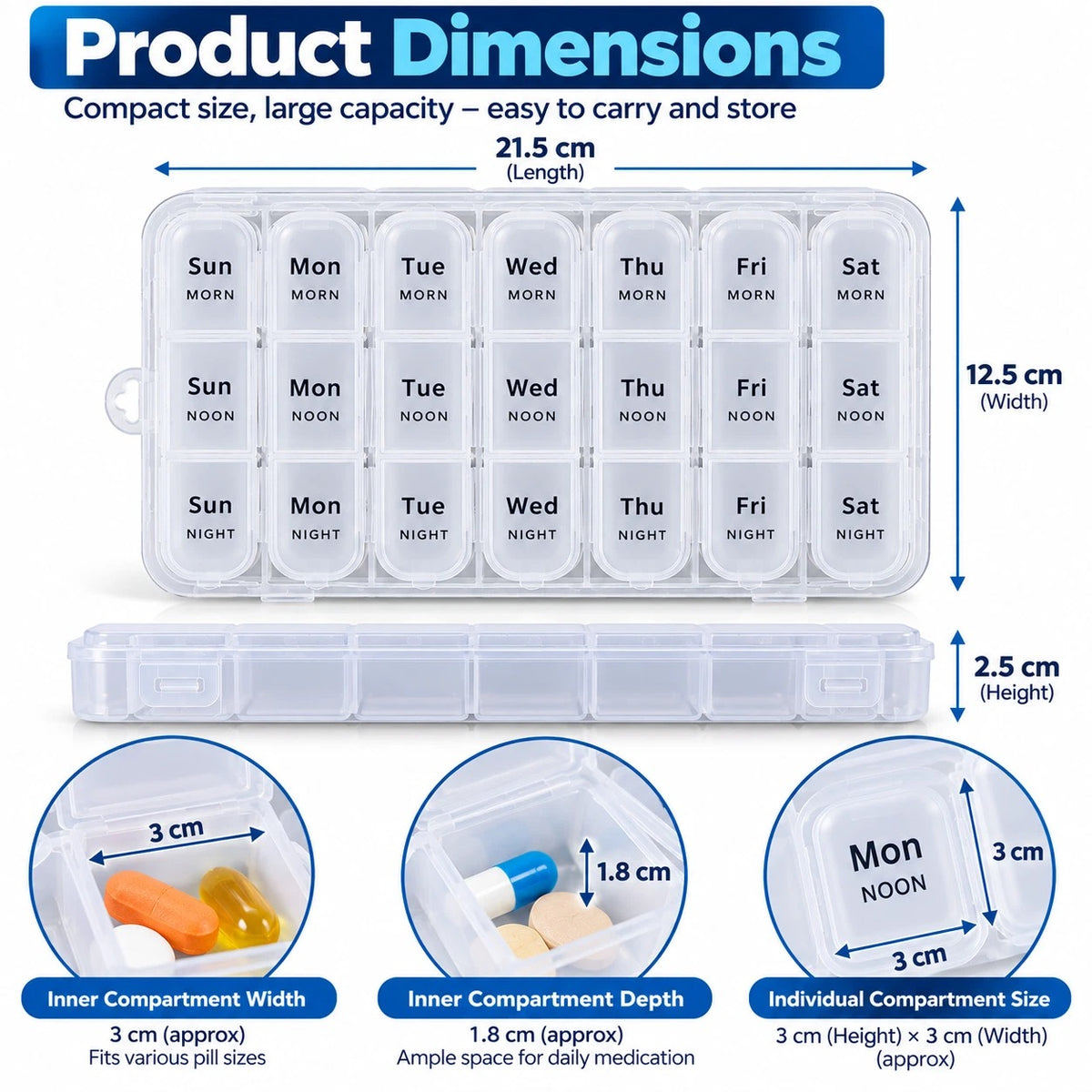 Weekly Pill Box Organiser 3 Times a Day 7 Days Tablet Organiser Portable Compact
