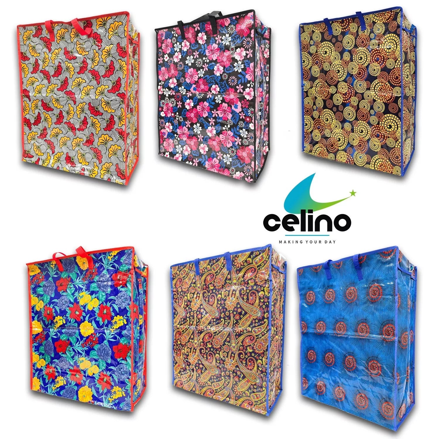 Extra Large Printed Laundry Storage Bag with Zip – Strong Reusable Shopping, Moving & Clothes Storage Bag 65x55x24cm