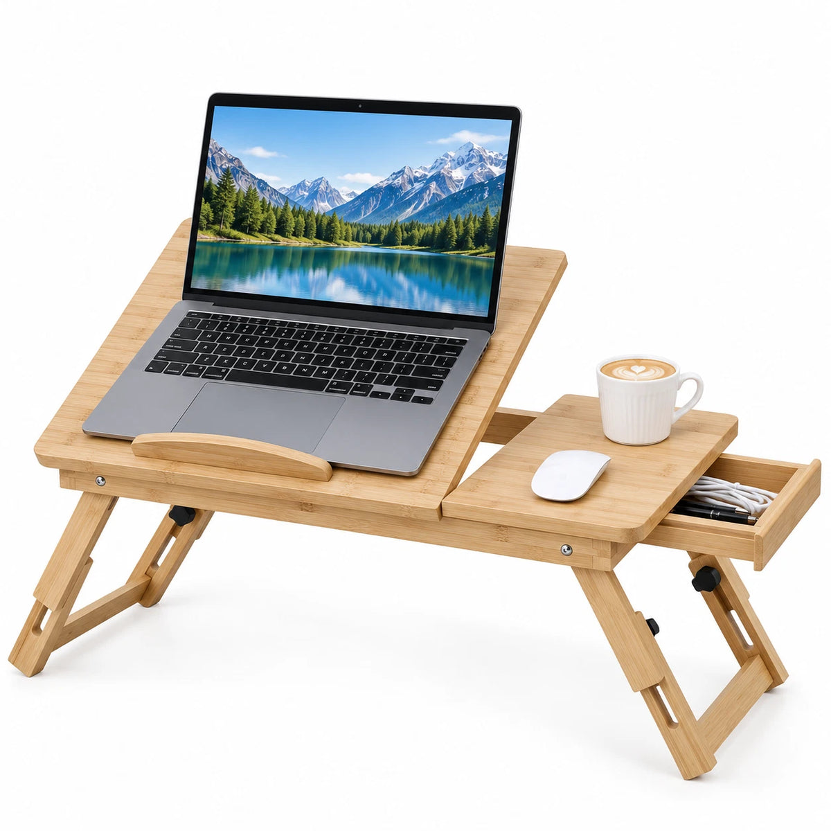 Bamboo Folding Laptop Table Stand With Storage Adjustable Bed Breakfast Tray