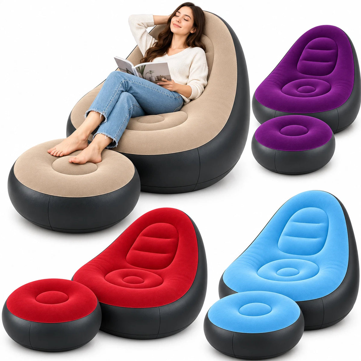 Inflatable Lounger Chair Sofa With Foot Stool Air Blow Up Couch Indoor Outdoor