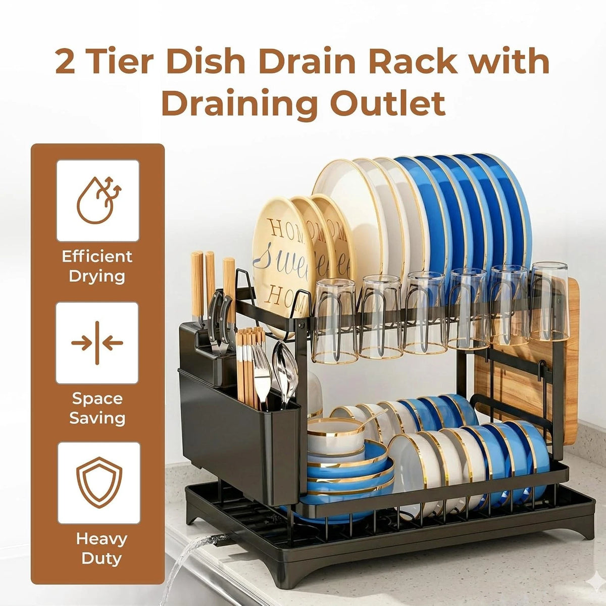 2 Tier Dish Drainer Rack Stainless Steel Drip Tray Space Saving Cutlery Holder