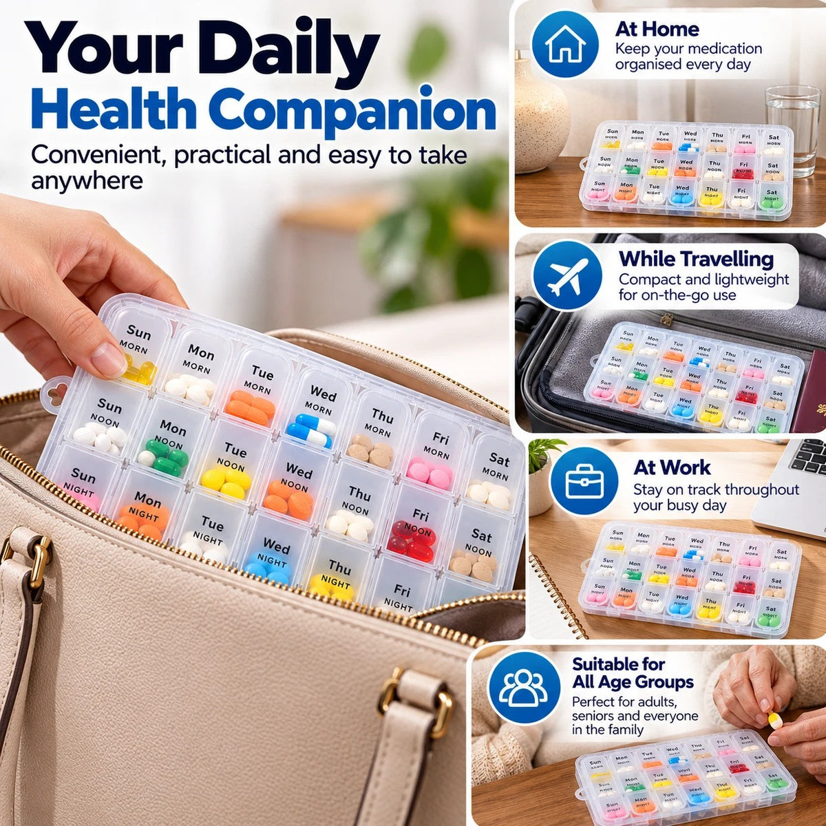 Weekly Pill Box Organiser 3 Times a Day 7 Days Tablet Organiser Portable Compact