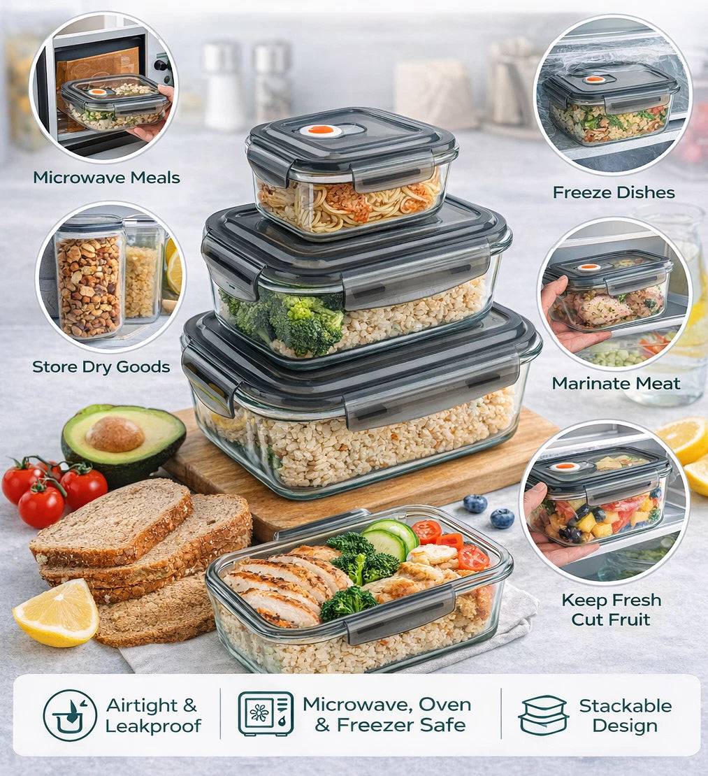 3 Piece Glass Food Storage Containers Set with Airtight Vented Lids – Oven Safe Meal Prep Boxes