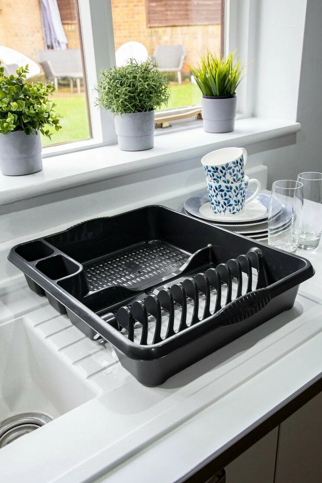 Large Plastic Kitchen Plate Dish Drainer Rack Draining Board Cutlery Holder UK