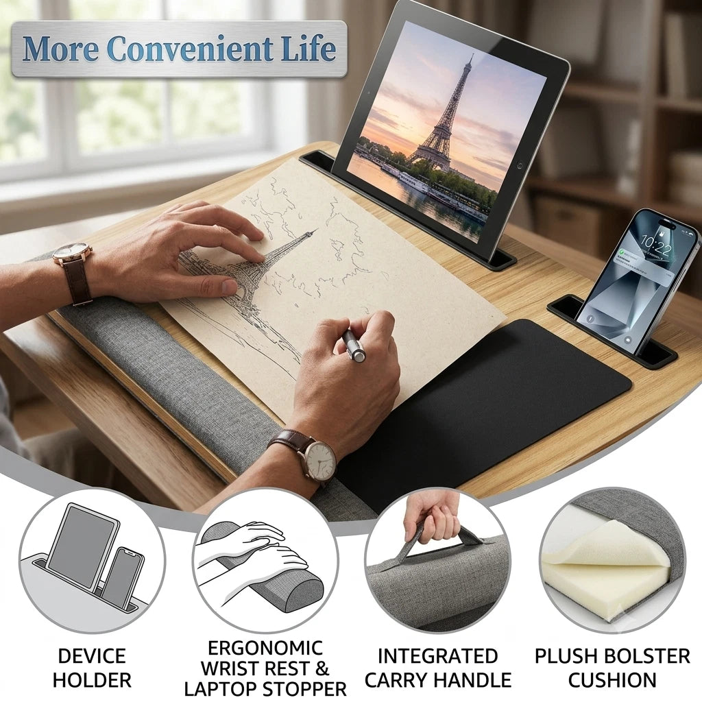 Large Bamboo Lap Desk Laptop Tray Portable Wide Sofa Working Support Cushion