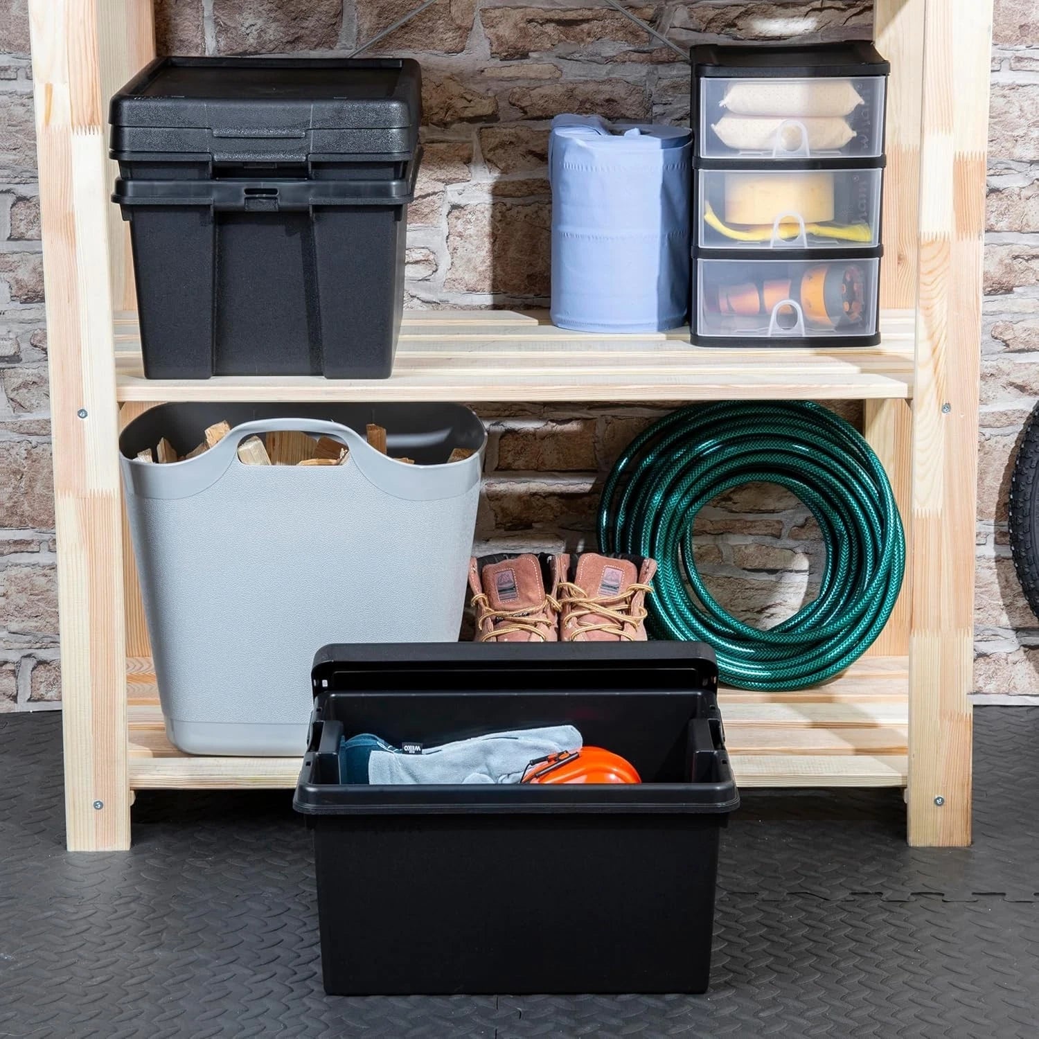 Heavy Duty Plastic Storage Box with Lid Stackable Storage Bin Container Black