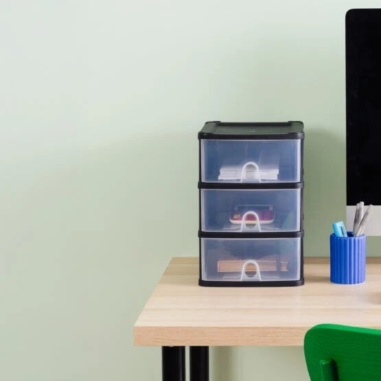 Plastic Storage Drawers Handy 3 Tier Office Home Organiser Chest Drawer Tower