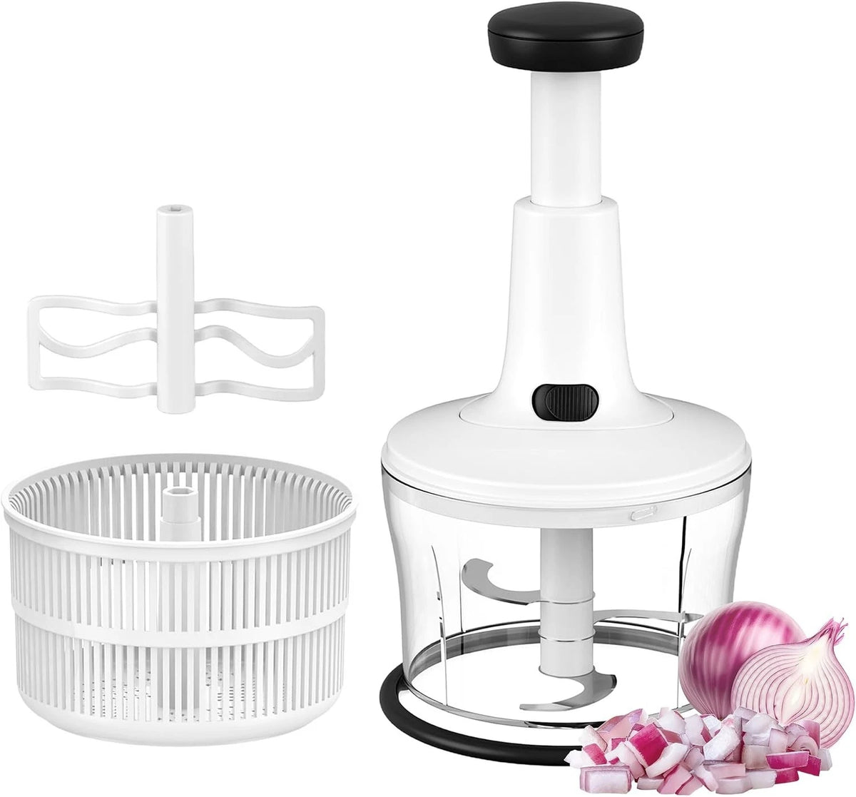 Manual Hand Press Food Chopper with Egg Whisker & Vegetable Salad Spinner 1200ml