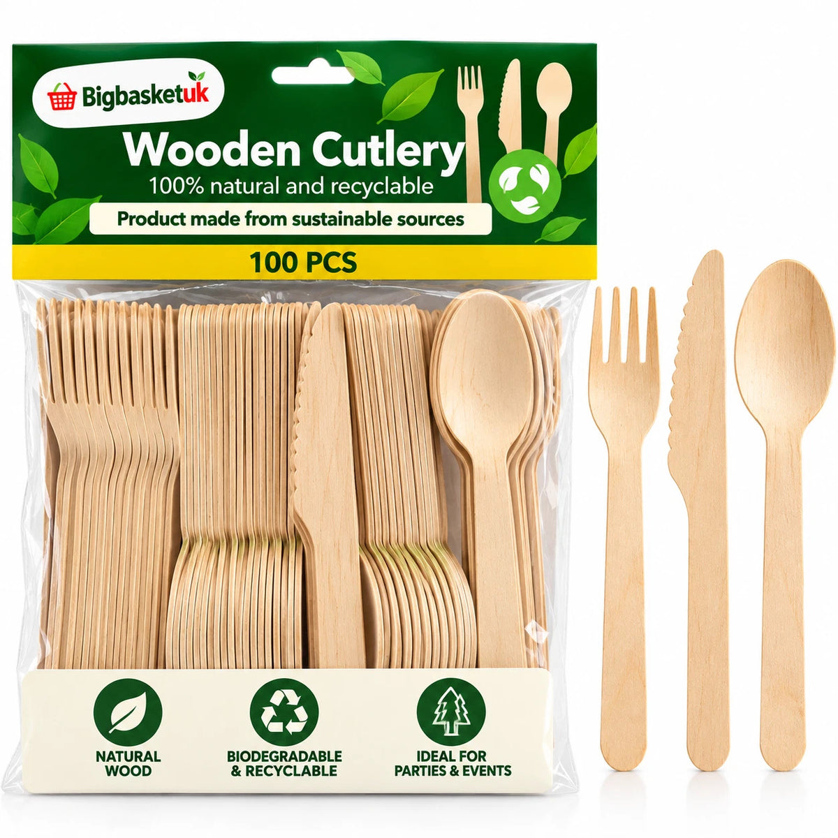 Wooden Cutlery Set 100pcs Disposable Biodegradable Party BBQ Forks Spoons Knives
