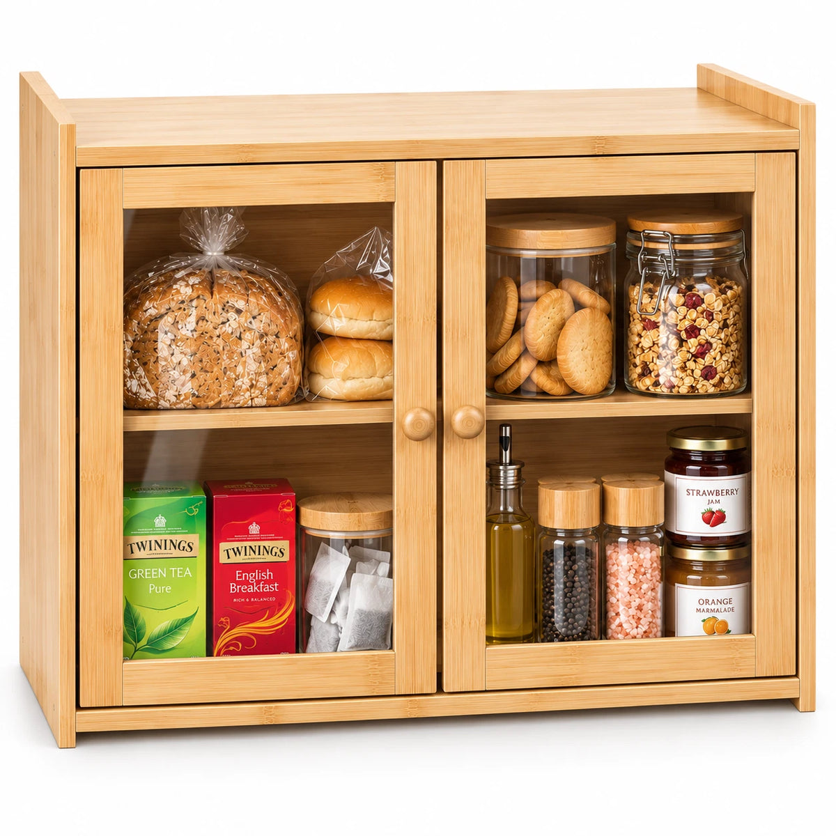 Bamboo Bread Bin Box Kitchen Countertop Storage Cabinet 2 Tier Compact