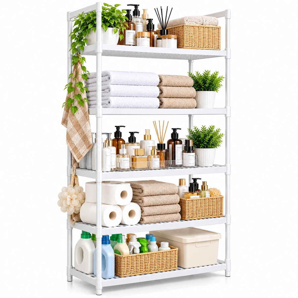 5 Tier Plastic Shelving Kitchen Storage Unit Shelves Racking Bathroom Organiser