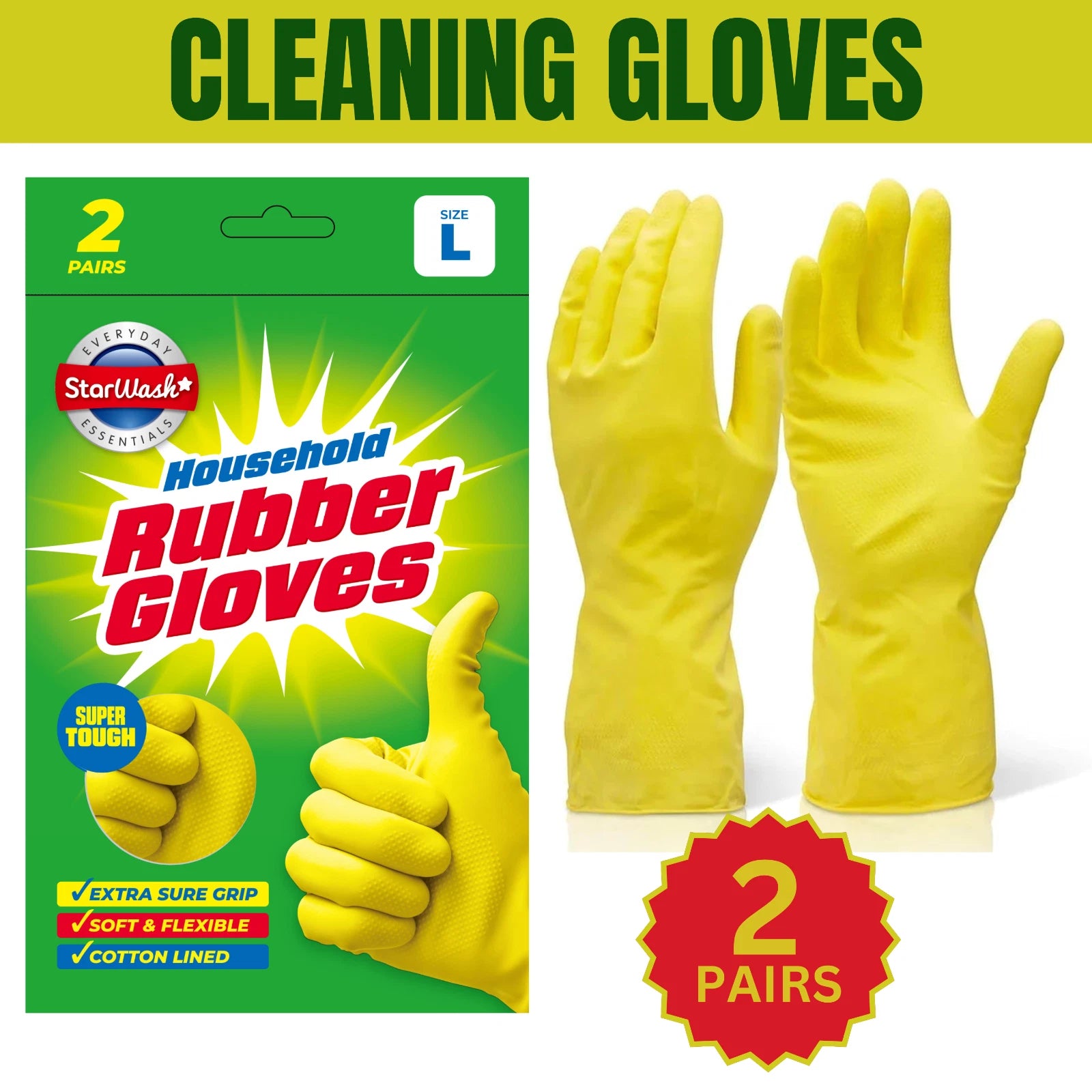 2 Pairs Rubber Gloves Cleaning Car Window Dish Washing up Kitchen Bathroom NEW