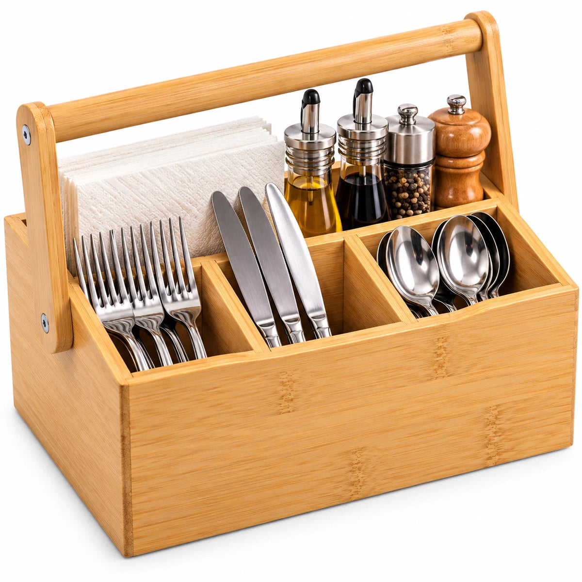 Bamboo Utensil Cutlery & Condiments Holder Kitchen Storage 4 Compartments Handle