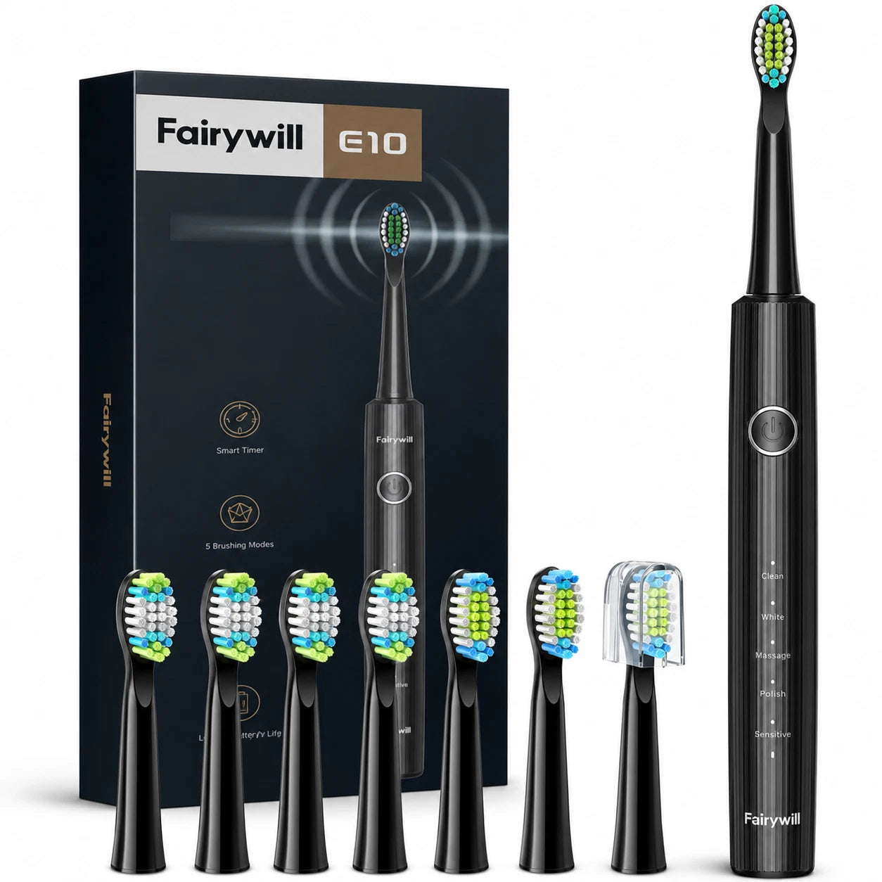 Fairywill E10 Electric Toothbrush Sonic USB Rechargeable 5 Modes 8 Heads Black