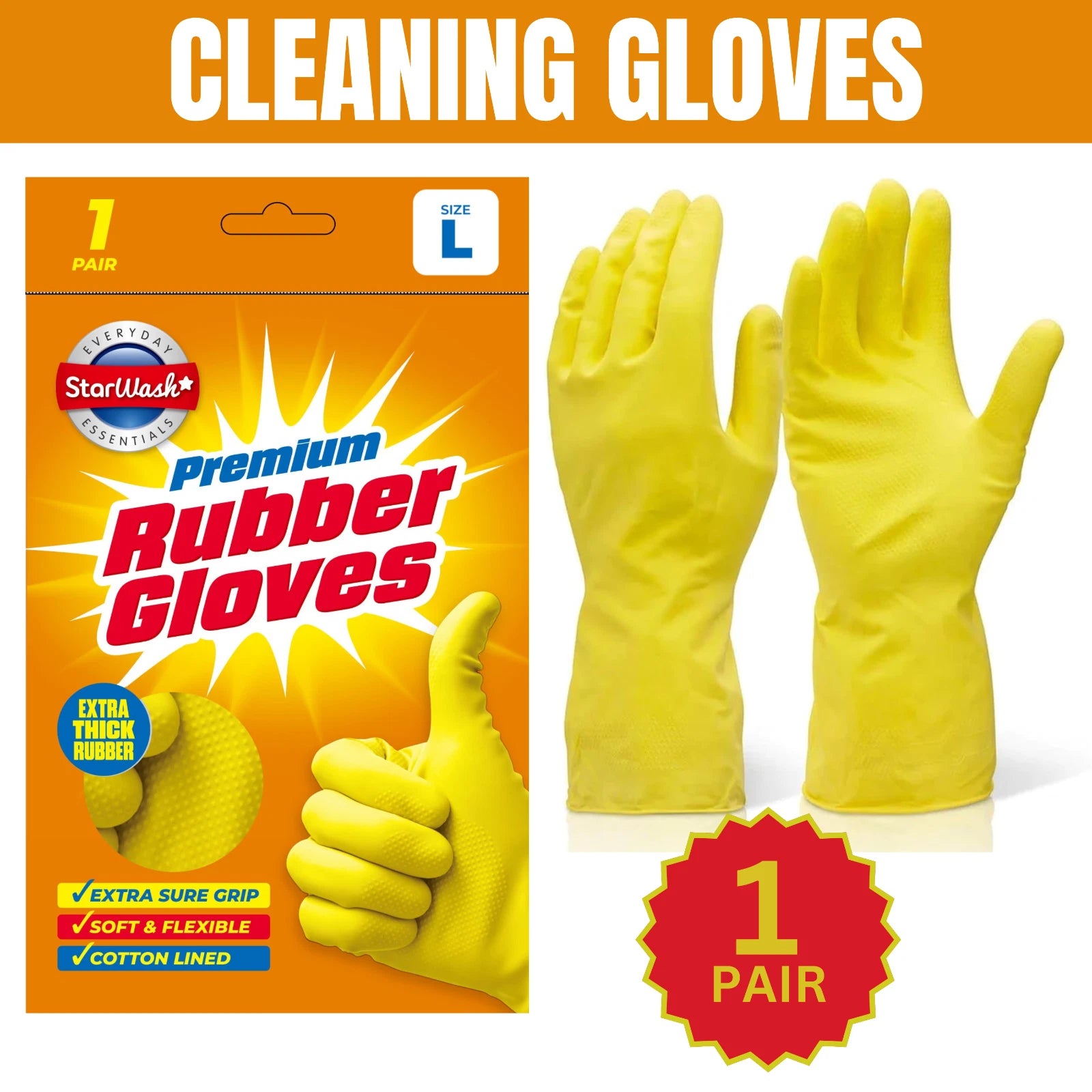 1 Pair Cleaning Gloves Yellow Heavy Duty Rubber Non-Slip Kitchen Bathroom Dishes