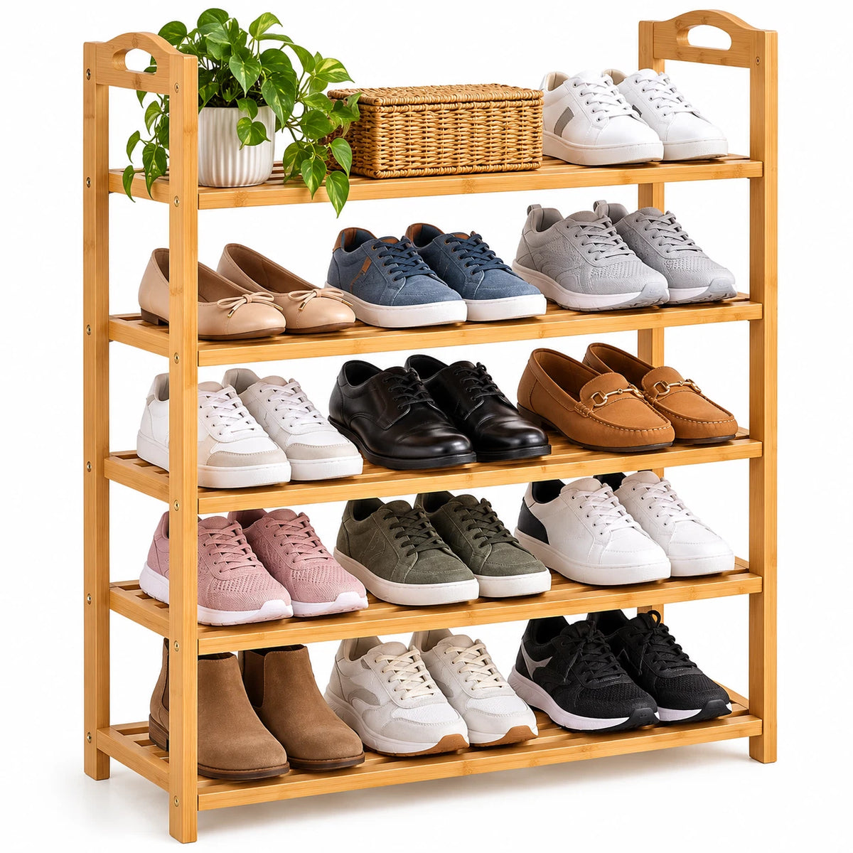 5 Tier Bamboo Shoe Rack Footwear Organiser Wooden Shelves Stroage Stand 15 Pairs