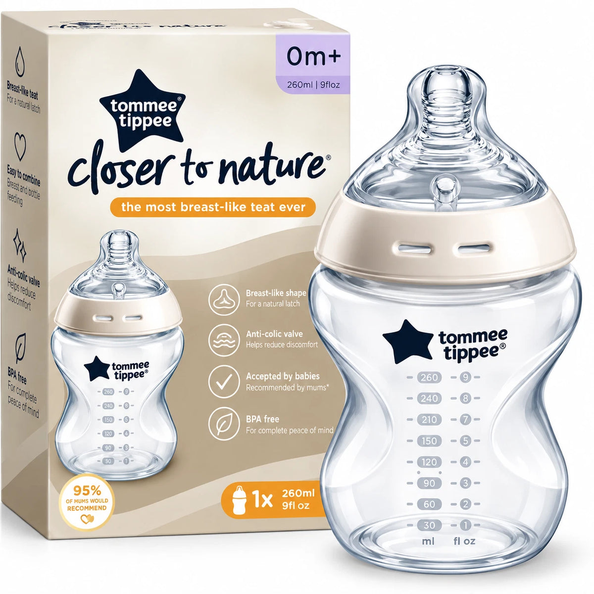Tommee Tippee Closer to Nature Baby Feeding Bottle 260ml BPA Free Anti-Colic