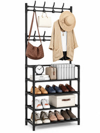 Coat Rack With Shoe Storage Organiser Unit 4 Tier Plastic 8 Hooks Space Saving