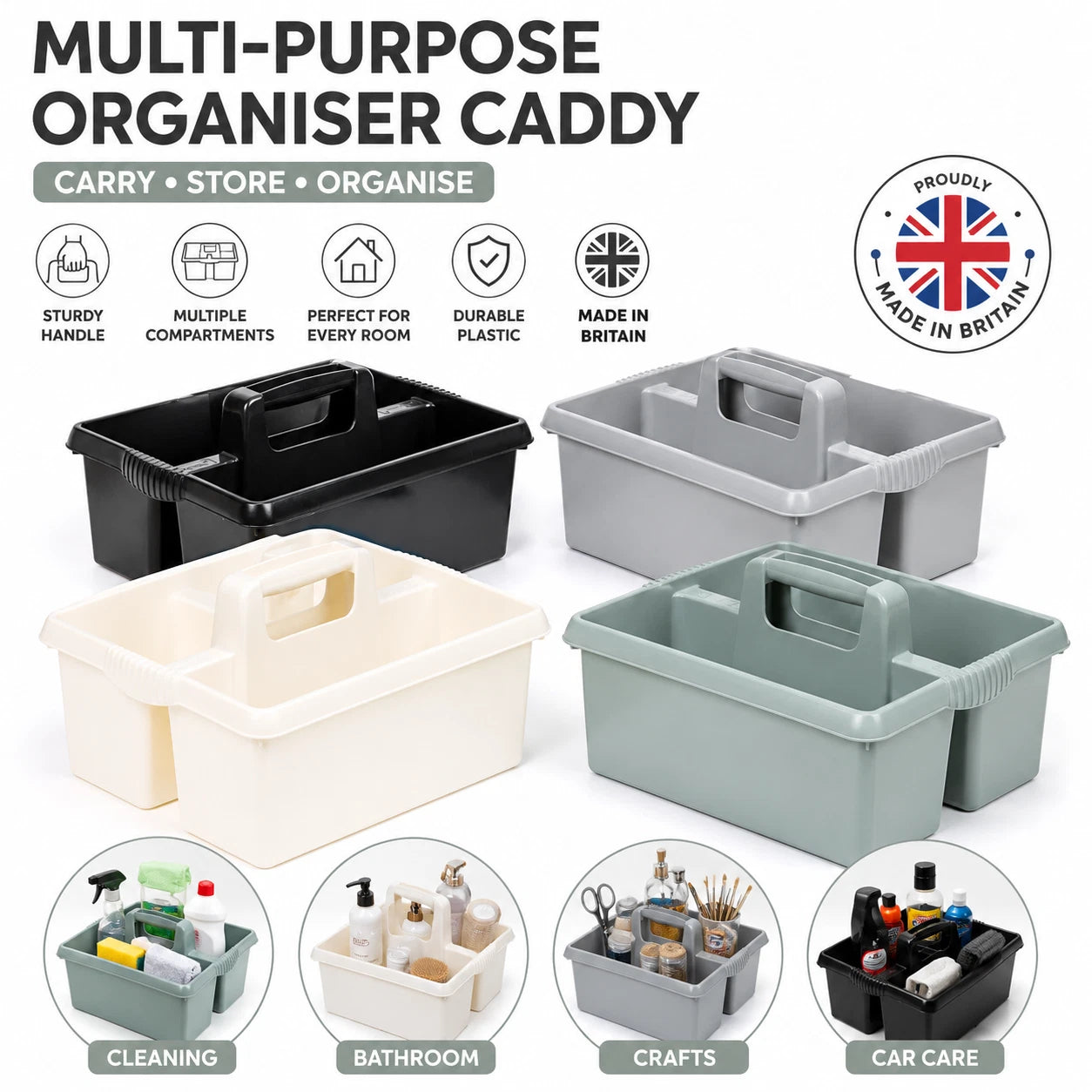 Large Plastic Caddy Kitchen Cleaning Tools Carry Tray Tidy Organiser with Handle