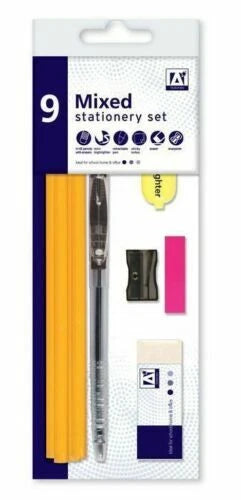 9 pcs Mixed Stationery Set Pen HB Pencils Eraser Sharpener Highlighter School