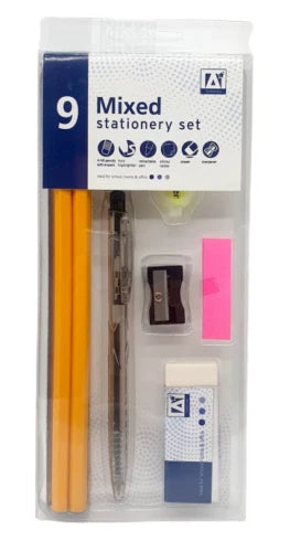 9 pcs Mixed Stationery Set Pen HB Pencils Eraser Sharpener Highlighter School