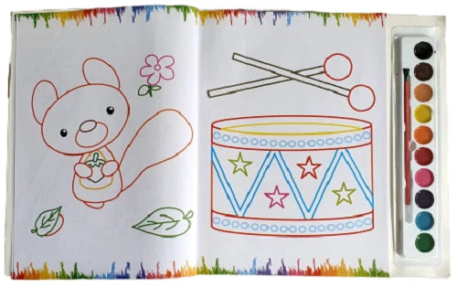 A4 Colouring Book With Water Colour Paints Brush Kids Children Fun Activity Book