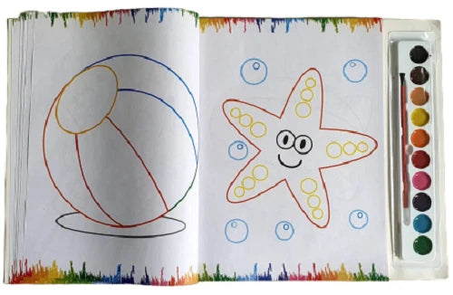 A4 Colouring Book With Water Colour Paints Brush Kids Children Fun Activity Book