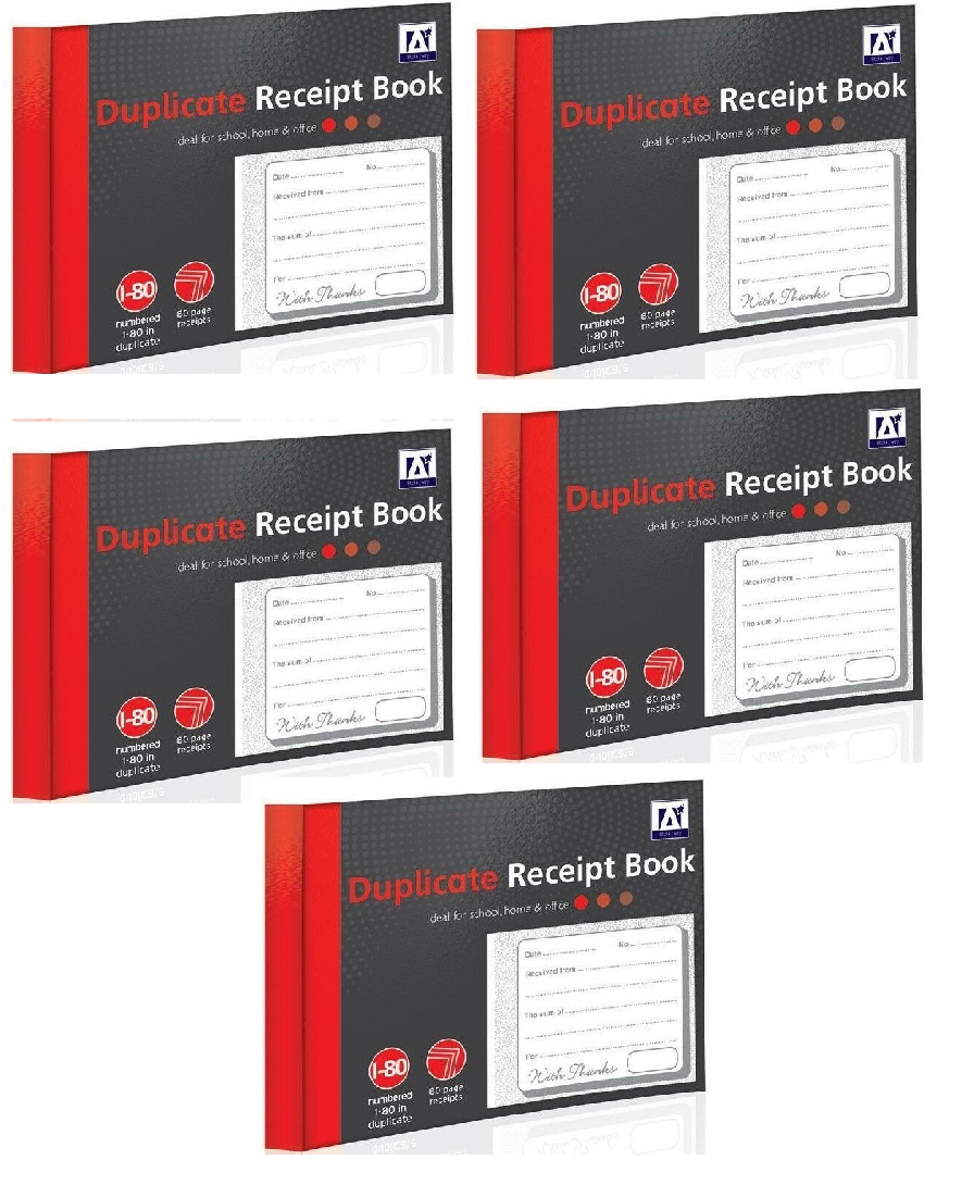 5 x Half Size Duplicate Receipt Book Numbered 1- 80 With Carbon Sheets