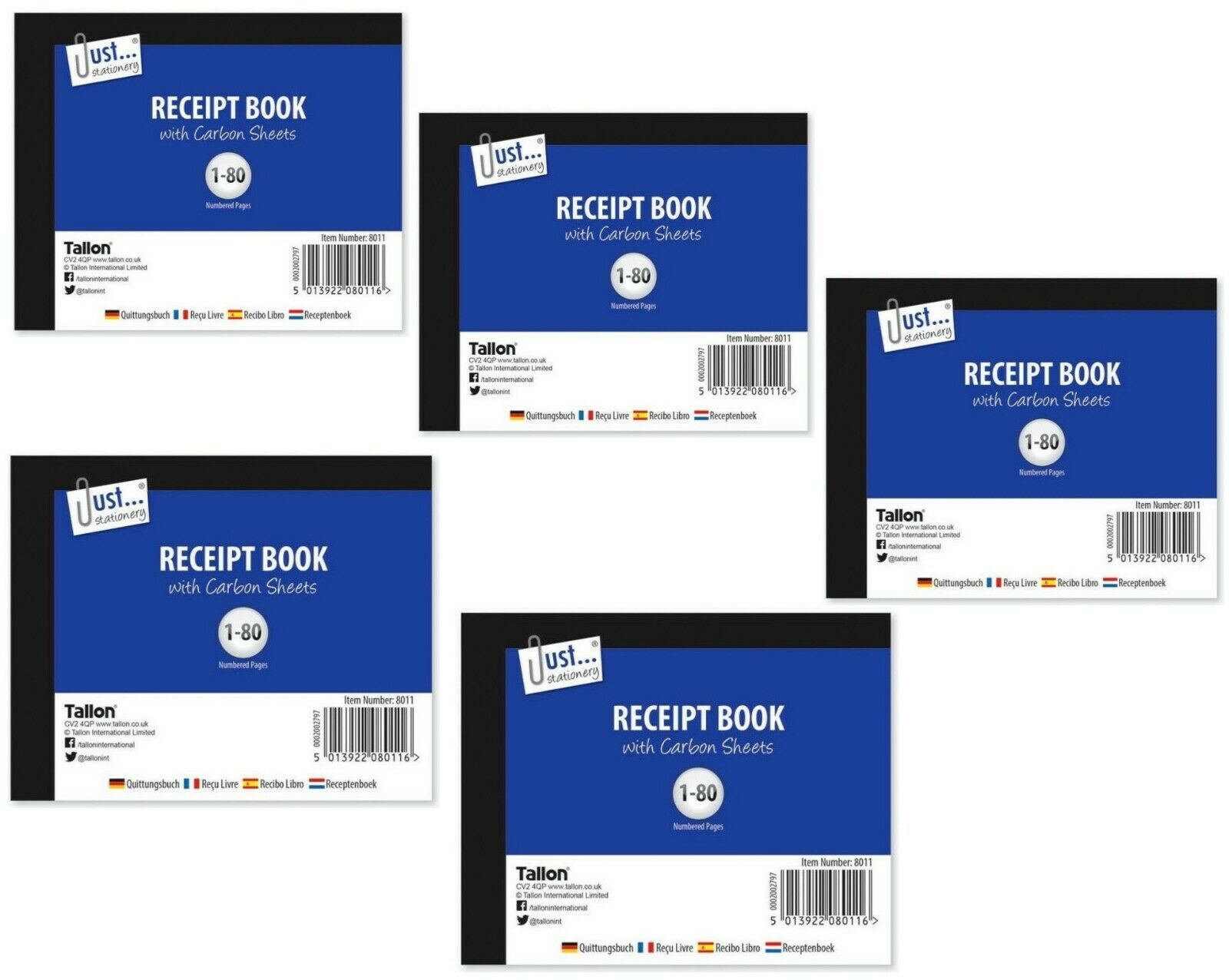 5 Pack Duplicate Receipt Books – Numbered Carbon Copy Receipt Pads, 80 Pages Each